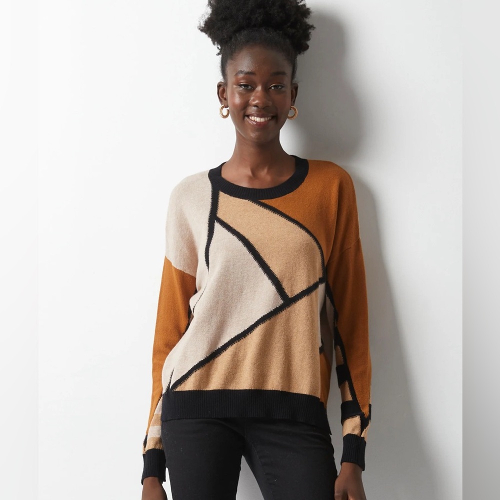 Zaket & Plover Mosaic Intarsia Geometric Sweater Brown and Black XS cotton